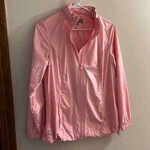 Talbots pink windbreaker with hidden hood and fitted waist.